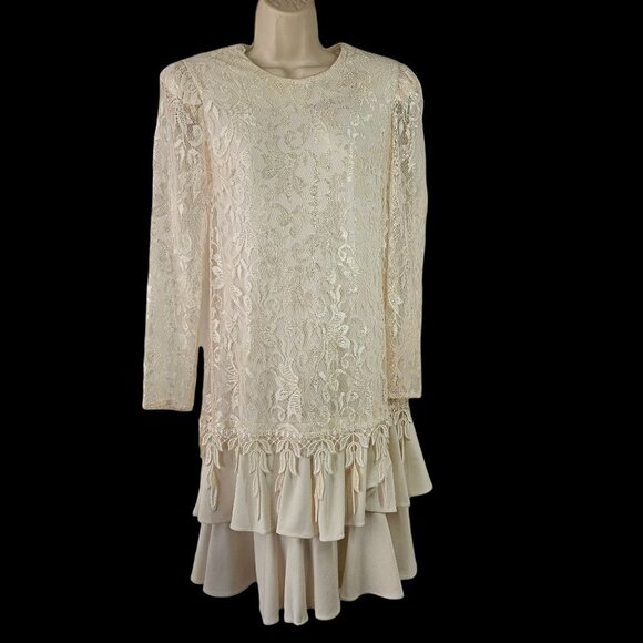 80s David Rose Flapper Party Dress Cream Lace Long Sleeve Shoulder Pads Womens 8 - Picture 1 of 11